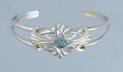 Sterling Silver Victorian Filigree Cuff Bracelet With Blue Topaz